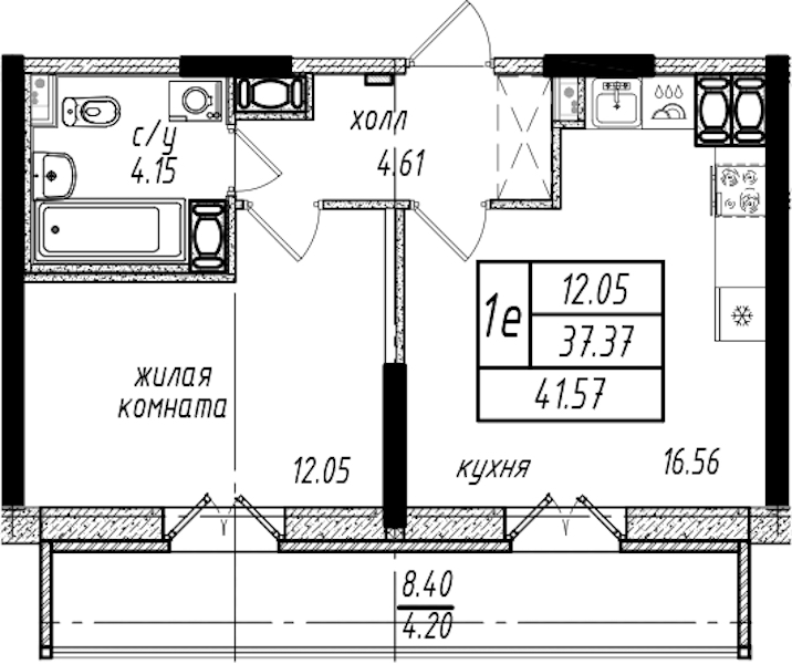 1-комнатная квартира 41.57 м², 17/25 эт., ЖК «Северная Долина»